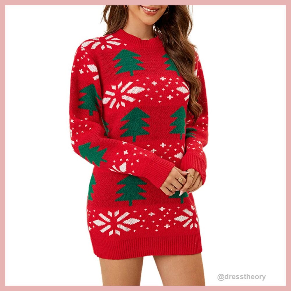 Women's Long Sleeve Knit Dress Reindeer Print Bodycon Mini Sweater Dress